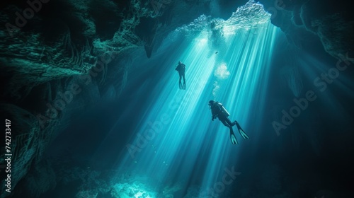 Couple of freedivers exploring an underwater cave, with rays of sunlight penetrating the water, creating a mesmerizing scene. 