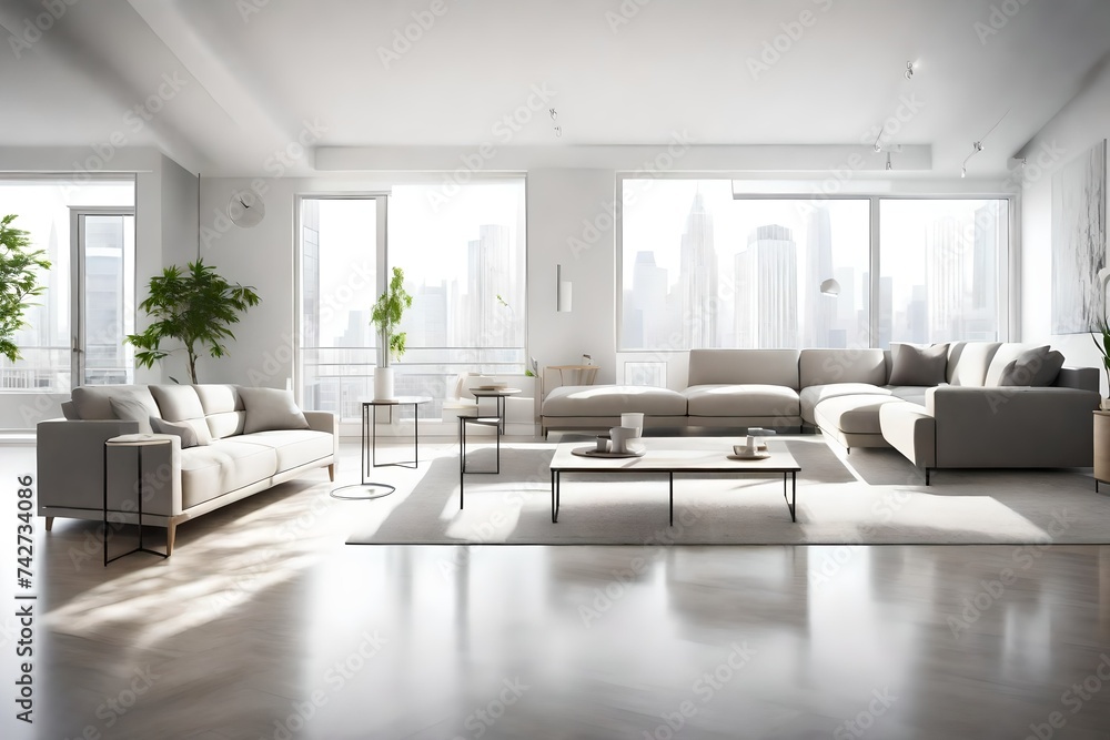 Brightly lit modern living room in an open floor plan apartment with minimalist furnishing, panning left Brightly lit modern living room in an open floor plan apartment with minimalist furnishing, panning left