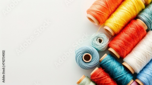 Color sewing threads on white background, top view photo