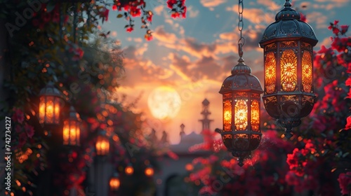 Beautiful lanterns in the garden at sunset. Ramadan Kareem. © HA