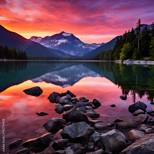 Magical Sunset over Pristine Lake amidst the Majestic Mountains: A Captivating Symphony of Nature