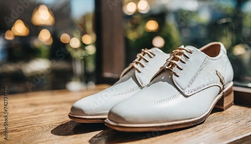 Stylish leather shoes in store. Man footwear. Fashion boutique.