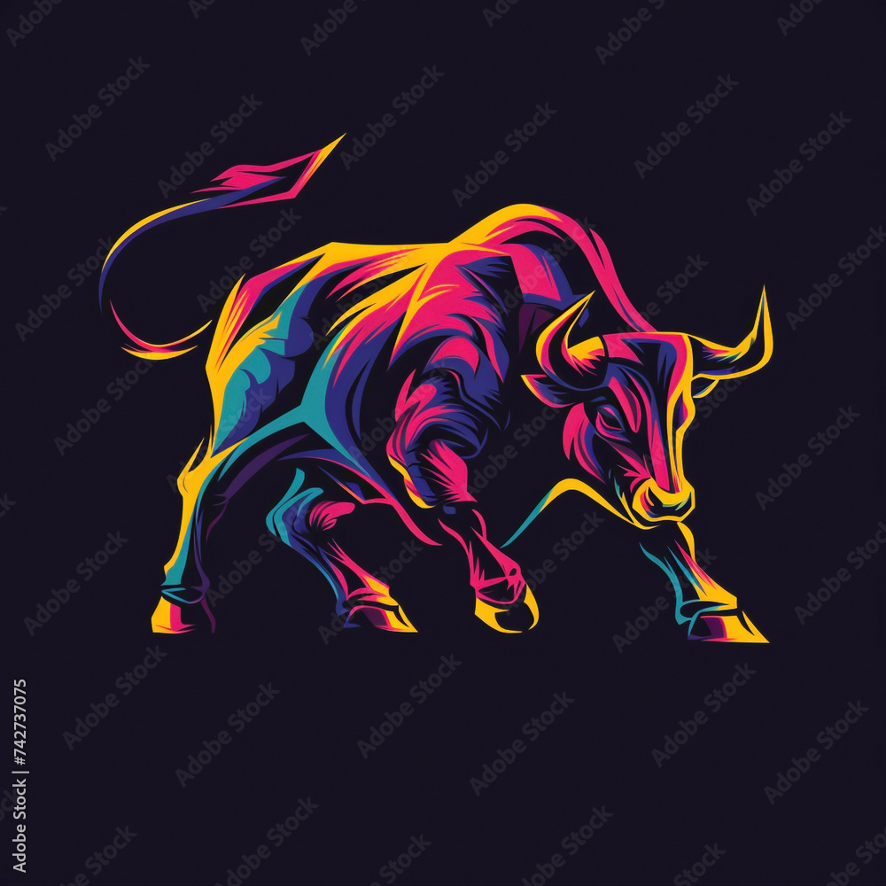 A dynamic and colorful depiction of a charging bull in a modern vector logo, embodying both power and a liberated essence.