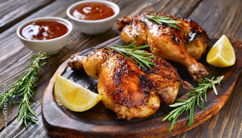  Halves of appetizing grilled juicy chicken with golden brown crust served with lemon slices