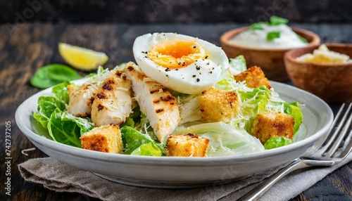  Chicken Caesar salad with poached 