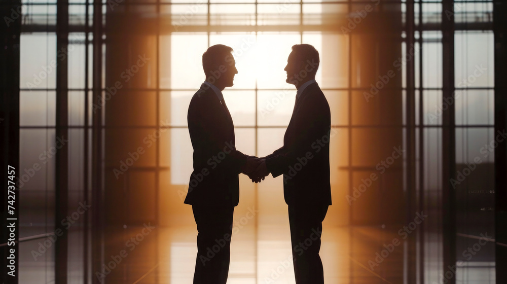 two man in formal suits shaking hands to celebrate the deal in meeting room ,cinematic scene,