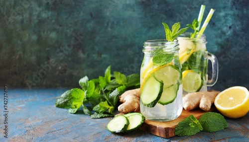 Infused detox water with cucumber, lemon, ginger and mint for diet healthy eating 