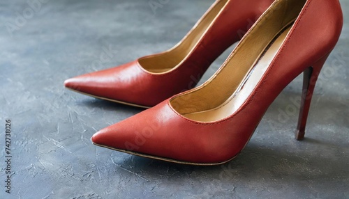 Dark red leather high heel shoes on gray floor. Woman footwear.
