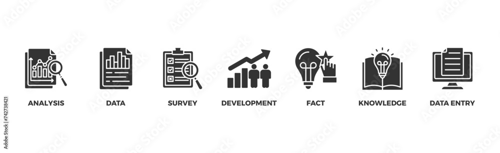 Research banner web icon vector illustration concept with icon of analysis, data, survey, development, fact, knowledge and data entry Research banner web icon vector illustration concept with icon of analysis, data, survey, development, fact, knowledge and data entry