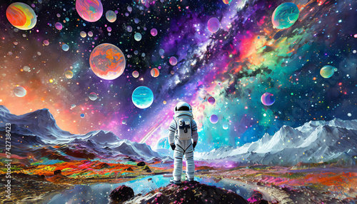 An astronaut standing in beautiful painting colorful bubbles galaxy space on a different planet.3d illustration with space landscapes paintings.Cyberpunk,pop art concept.Rear view.