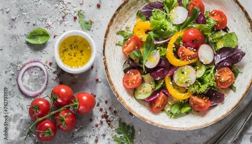 Salad with fresh summer vegetables, top view 