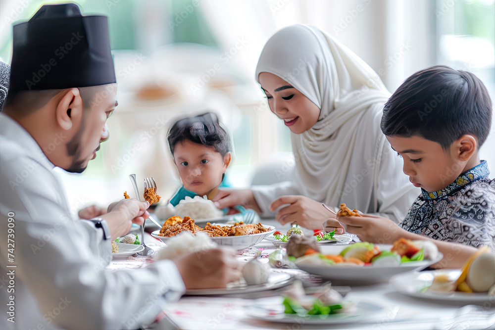 Thai Muslim family in white modern dining room eating depth of field blur background