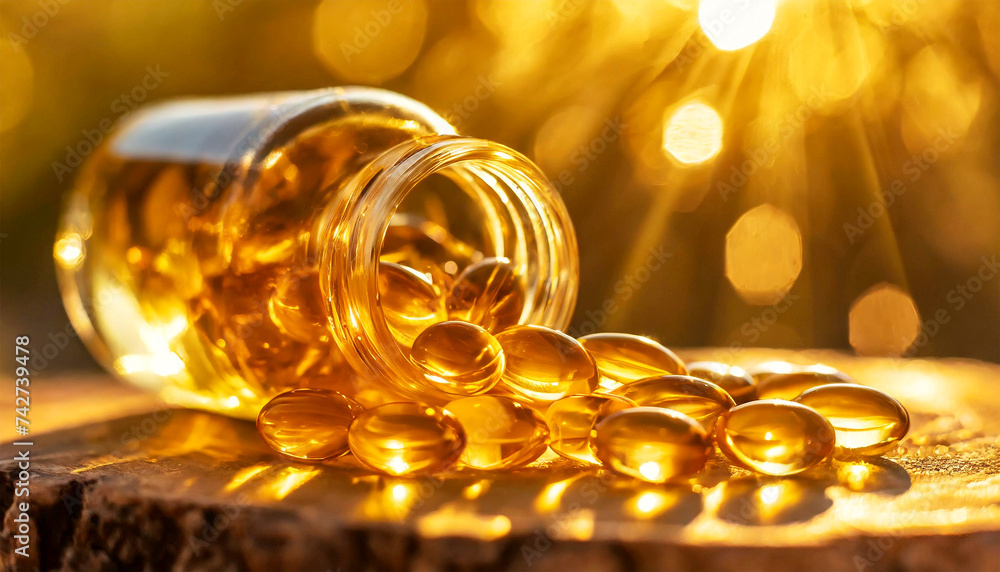 Extreme closeup of a group of Fish Oil Omega 3 Capsules Vitamin with EPA and DHA, inside a small glass bottle, on a wooden table. Generative Ai. Extreme closeup of a group of Fish Oil Omega 3 Capsules Vitamin with EPA and DHA, inside a small glass bottle, on a wooden table. Generative Ai.