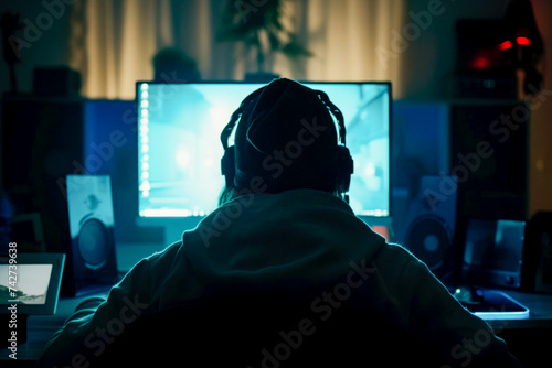 Anonymous person playing an online game in dark room