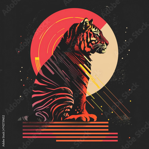 A minimalistic, colorful depiction of a poised tiger, symbolizing strength and free spirit through clean lines and modern design.