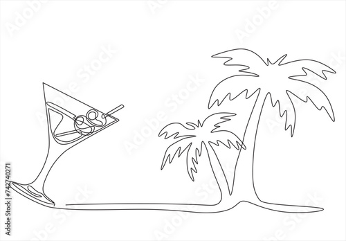  tropical palms and martini glass background. Summer drink minimal concept. Elegant composition.Continuous One line drawing 