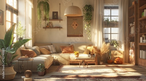 A cozy living room featuring DIY decor projects  such as upcycled furniture and decorations made from natural materials. 8k