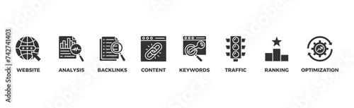 SEO banner web icon vector illustration concept for search engine optimization with icon of website, analysis, content, backlinks, keywords, traffic, ranking, and optimization	