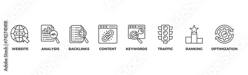 SEO banner web icon vector illustration concept for search engine optimization with icon of website, analysis, content, backlinks, keywords, traffic, ranking, and optimization	