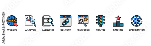 SEO banner web icon vector illustration concept for search engine optimization with icon of website, analysis, content, backlinks, keywords, traffic, ranking, and optimization	