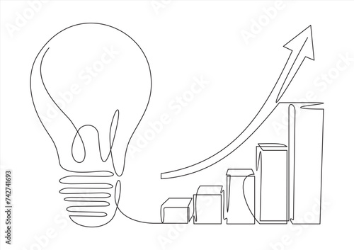 Continuous one line drawing of light bulb with increasing up arrow bar graph. Startup idea creative imagination jackpot highest point goals and winning education or business success