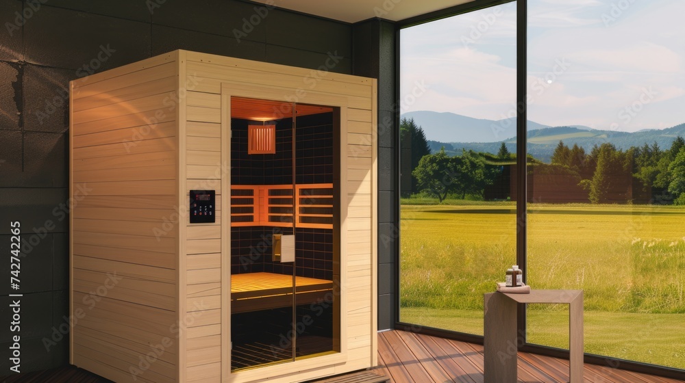 A infrared sauna with a view of a field outside of it.