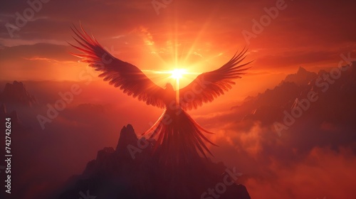 A majestic phoenix rising from ashes on a mountaintop, its feathers glowing with fiery colors against the backdrop of the rising sun. 8k