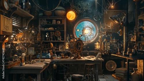 A magical workshop filled with alchemical instruments, where a gnome tinkerer works on a complex clockwork device. 8k photo