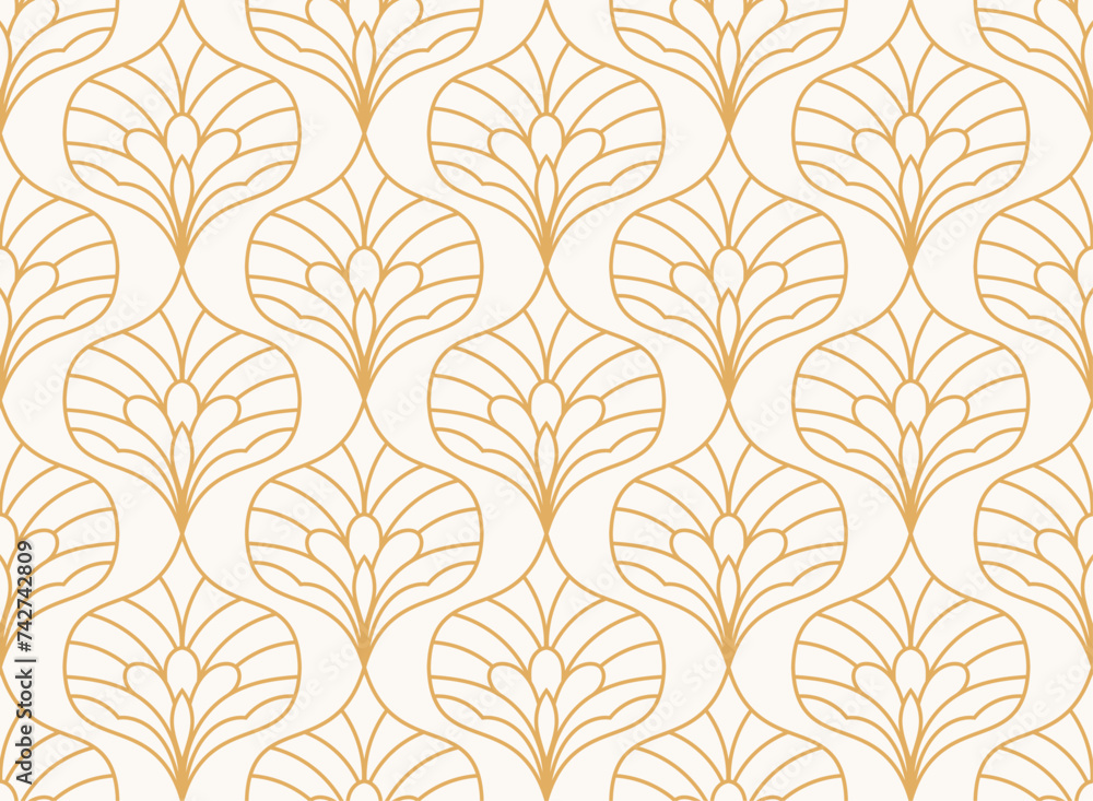 Damask organic leaves seamless pattern. Vector retro style background print. Decorative flower texture. - obrazy, fototapety, plakaty 