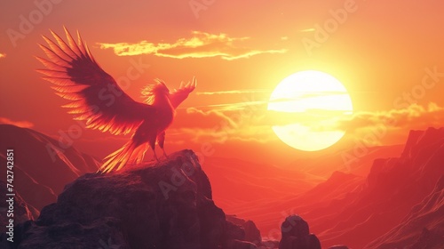 A majestic phoenix rising from ashes on a mountaintop, its feathers glowing with fiery colors against the backdrop of the rising sun. 8k photo