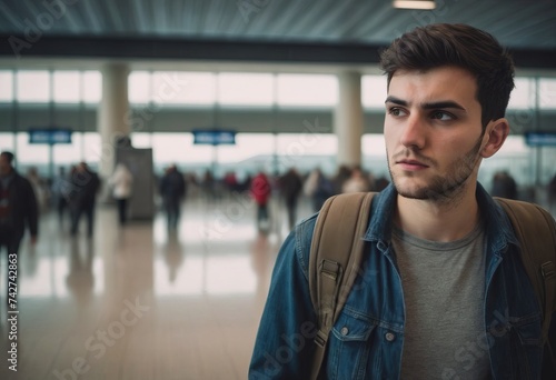 Young male traveler with backpack waiting at the airport departure terminal