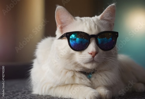 funny cat in round sunglasses close-up
