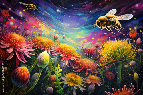 Craft an image of bees navigating through fields where flowers exist simultaneously in different states. 