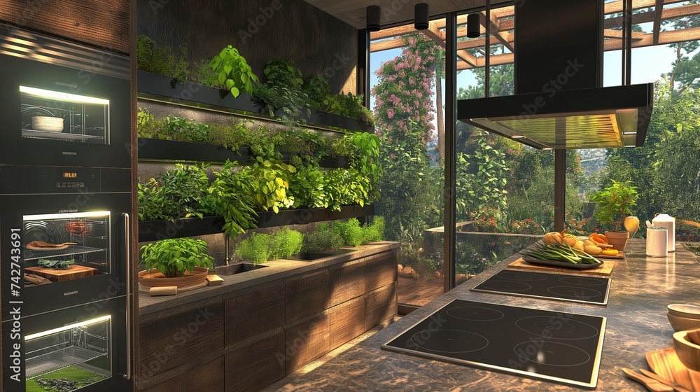 View of A modern kitchen interior emphasizing sustainability, with energy ...