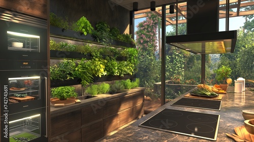 A modern kitchen interior emphasizing sustainability, with energy-efficient appliances, a vertical herb garden, and countertops made from recycled glass. 8k