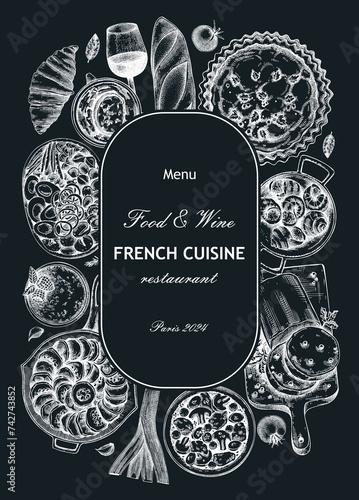 French food wreath design on chalkboard. Vintage food and wine sketches. European restaurant menu template. France background. Hand-drawn vector illustration, NOT AI generated