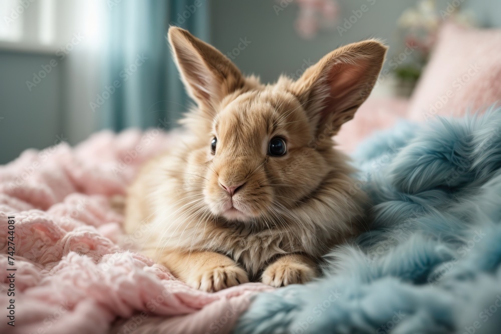 rabbit in a pink, blue and fluffy blanket rabbit in a pink, blue and fluffy blanket