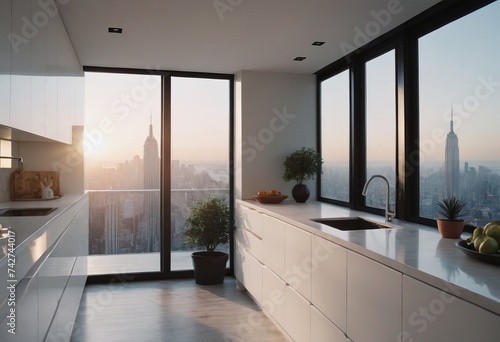 Stunning Modern Minimalist Kitchen with Panoramic City View and Stylish Design © Василенко Татьяна