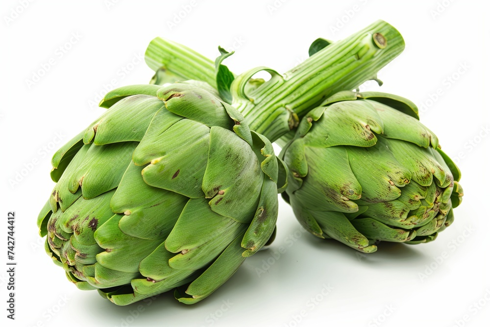 Obraz premium Fresh artichokes, isolated against a white background, exhibit their vibrant green color and unique shapes.