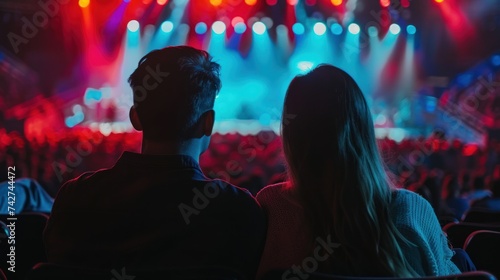 brunette couple watches the show with admiration, wide angle
