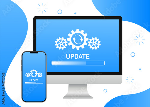 System Update Improvement Change new software version. Installation of update process, update program, installation of data network in on the computer and phone screen. Vector illustration