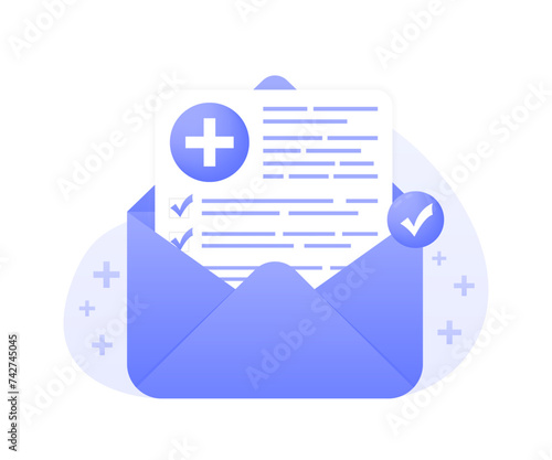 Lab test check up medical, mail envelope. Health Insurance contract. Online healthcare services read patients medical history and anamnesis for diagnosis. Vector illustration
