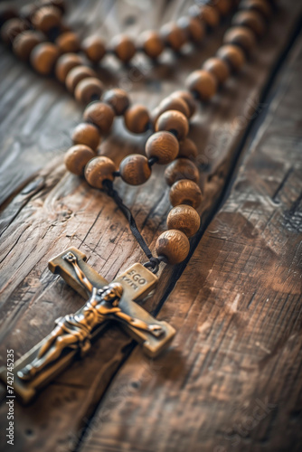 Rosary Beads and Crucifix on Rustic Wood