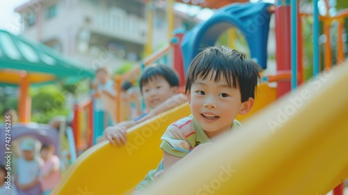 the children are playing happily on the slide in the kindergarten, brightly colored, rich in details,