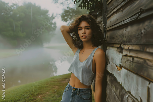 A misty morning. A photo of a beautiful brunette model with a short curly bob haircut, 30, standing outside a wooden shack next to a creek in rural America, wearing a plain grey halter t shirt and jea photo