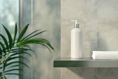 mockup of a white bottle cosmetic product standing on a metal shelf in a bathroom, blurred grey tiles on bathroom background with plant around, minimalism
