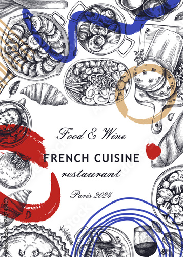 Collage-style French food frame design. Vintage food and wine sketches. Abstract restaurant menu. France background. Hand-drawn vector illustration, NOT AI generated