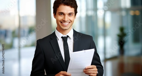 Hombre sonriente con traje y documento © Pilar