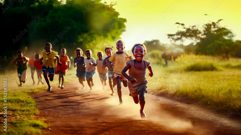 Group of children running down dirt road in line with trees in the background.