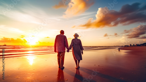 Man and woman holding hands walking on the beach at sunset with the sun setting behind them.